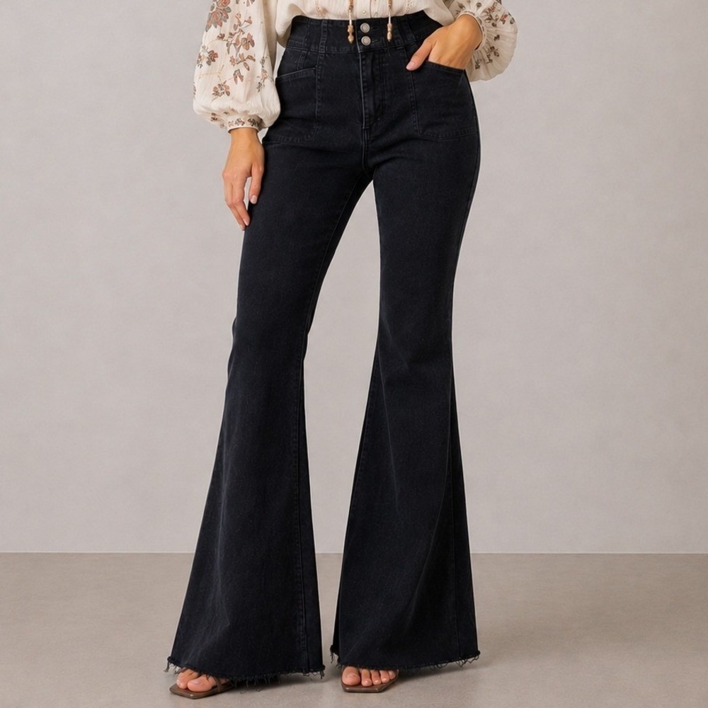 We The Free Free People Pants Black Corduroy Flare High Rise  28